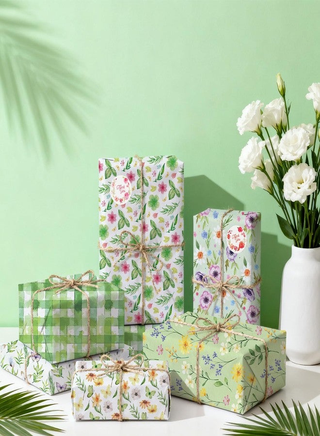 Resflyar 12 Sheets Floral Wrapping Paper, Watercolor Flower Butterfly Green Checked Gift Wrap Paper Folded Flat with Jute Twine Sticker for Baby Shower Birthday Wedding Christmas Party DIY Crafts, 20 x 27 Inch - Image 5